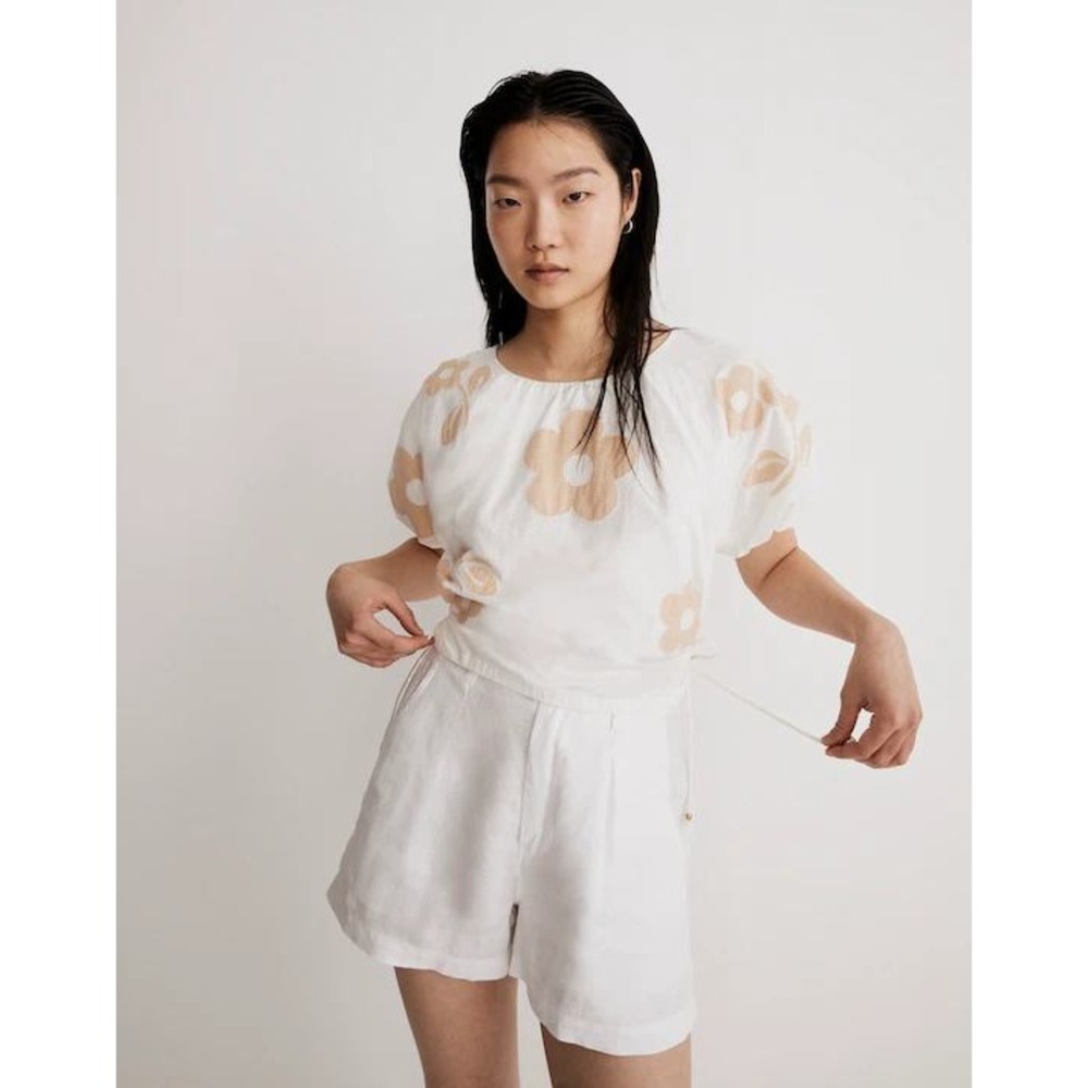 Madewell White Embroidered Flower Poplin Puff Sleeve Cutout Crop top Size Medium